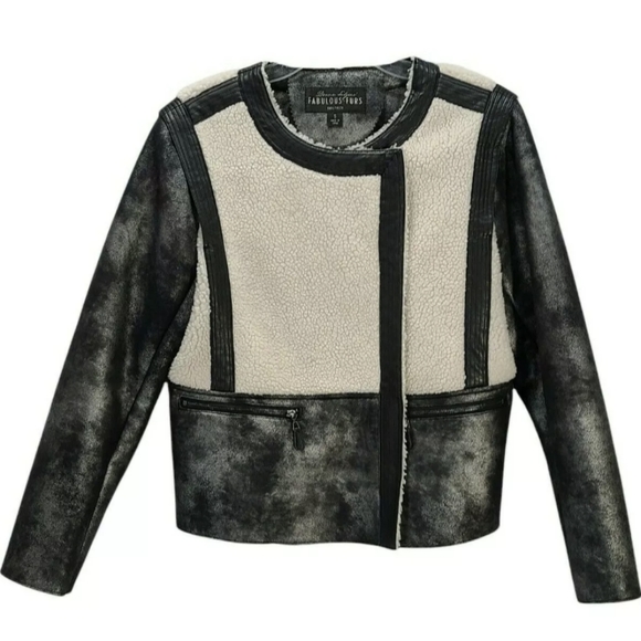 Fabulous Furs Faux Leather Shearling Metallic Moto Bomber Jacket - Pewter - Picture 1 of 10